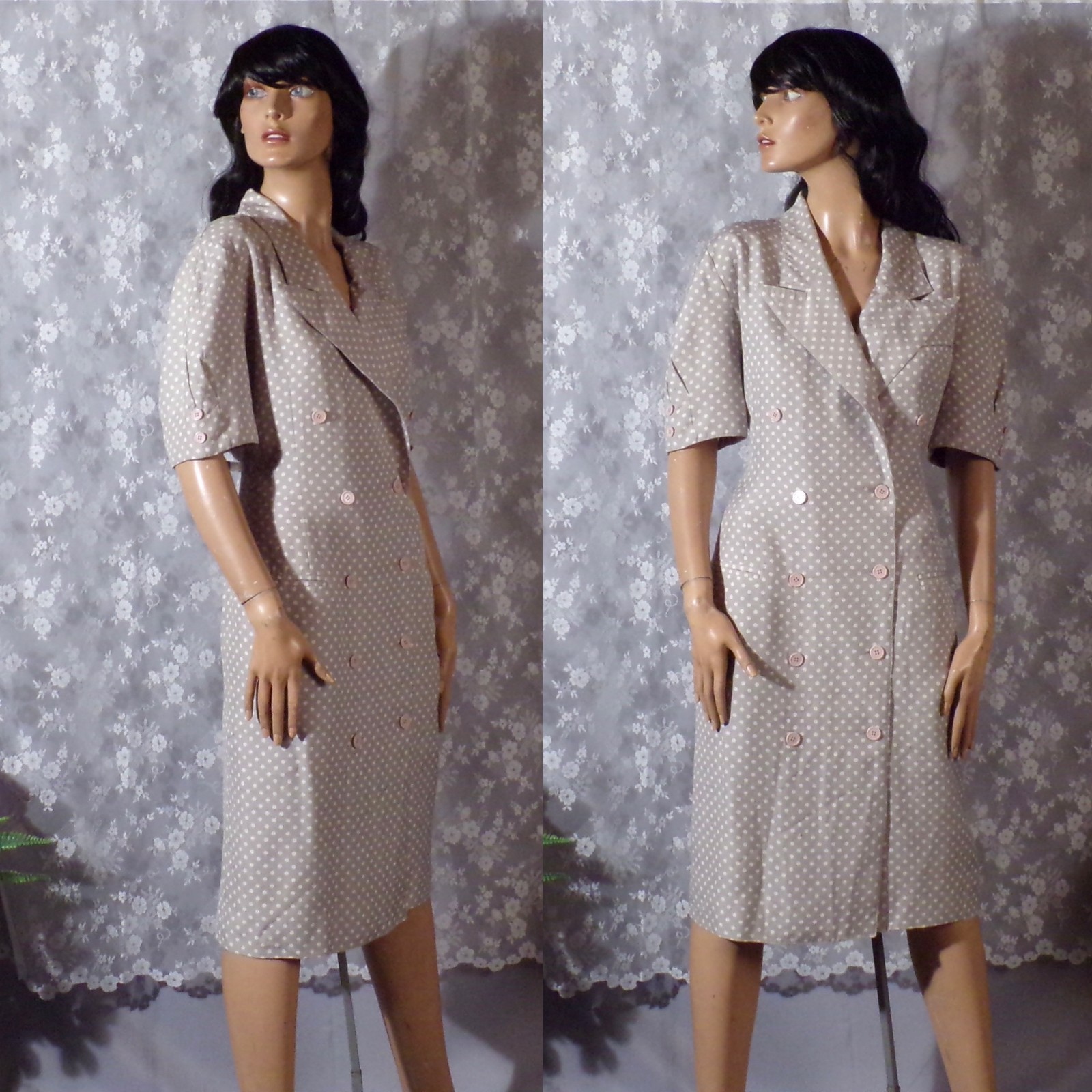 Vintage 90s Silk Polka Dot Dress Size Large 1990s Retro Quiet Luxury Neutrals