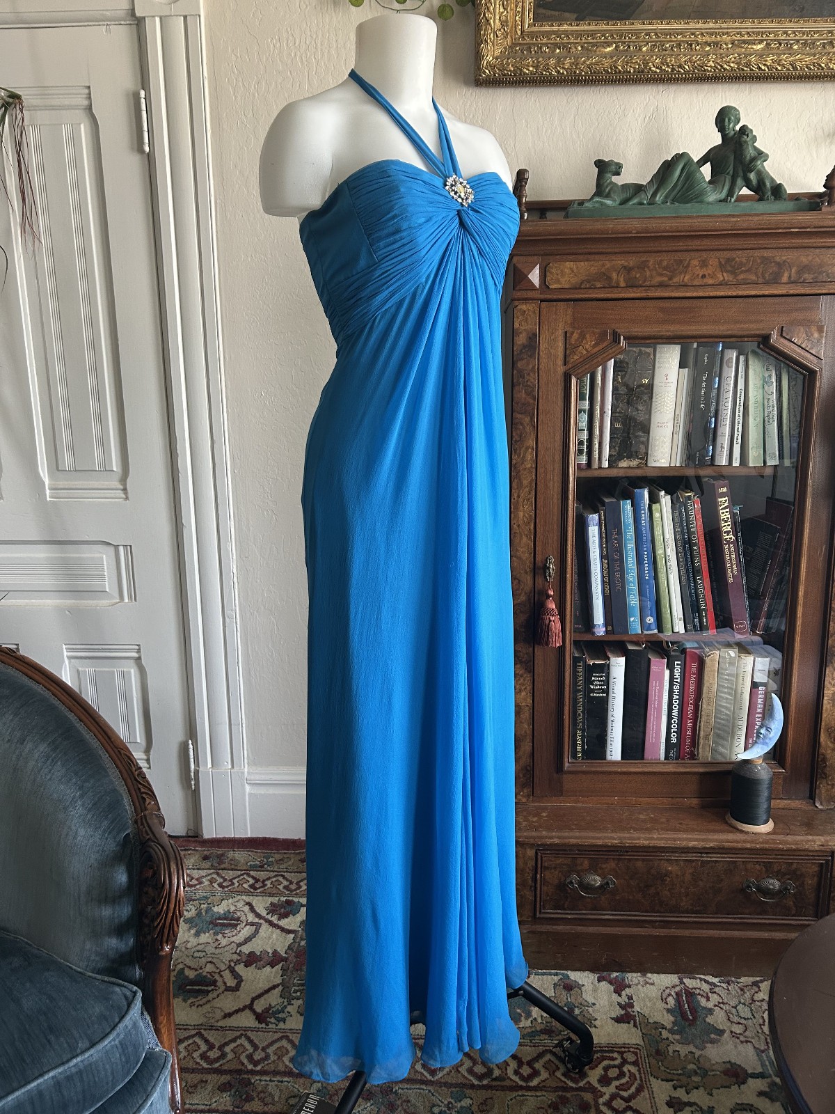 Vintage Y2K Laundry Shelli Segal Aqua Blue Silk Halter Maxi Dress Formal Fairy