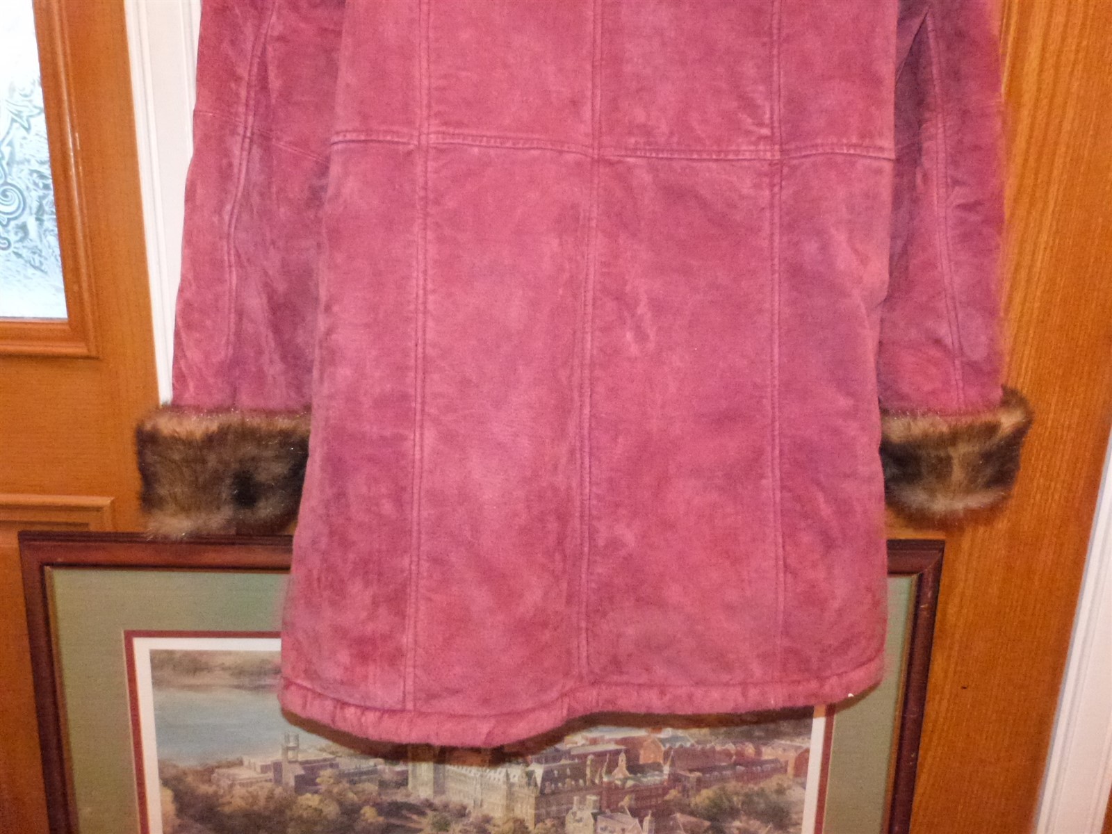 Dennis Basso suede coat vintage 1990s faux fur red Burgundy Maroon wine hood W L