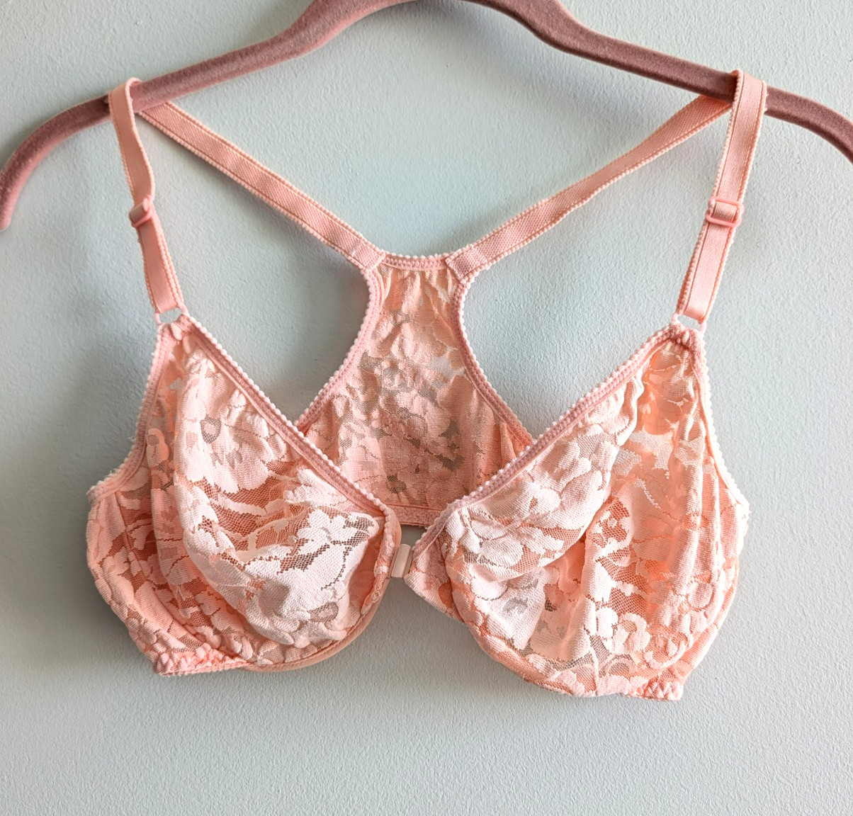 Vintage Victoria’s Secret Gold Tag Lace Bra 36C Sheer Pink Racerback Front Open