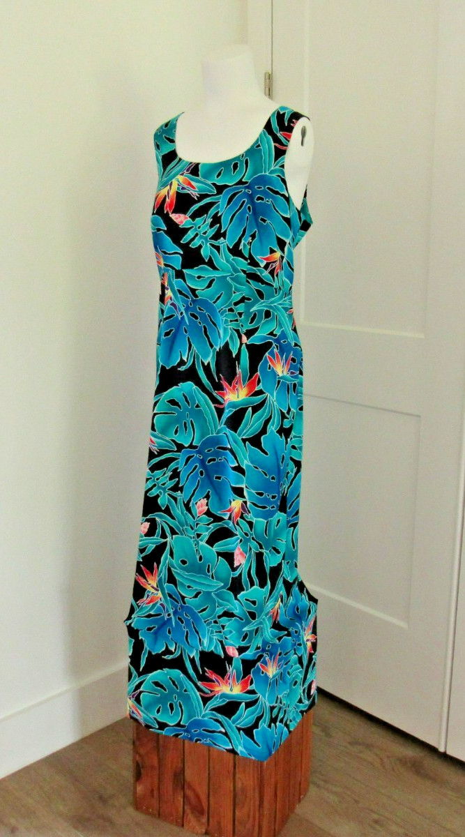 VTG. Hilo Hattie Hawaiian Blue Monstera Leaf & Bird Of Paradise Dress sz 12