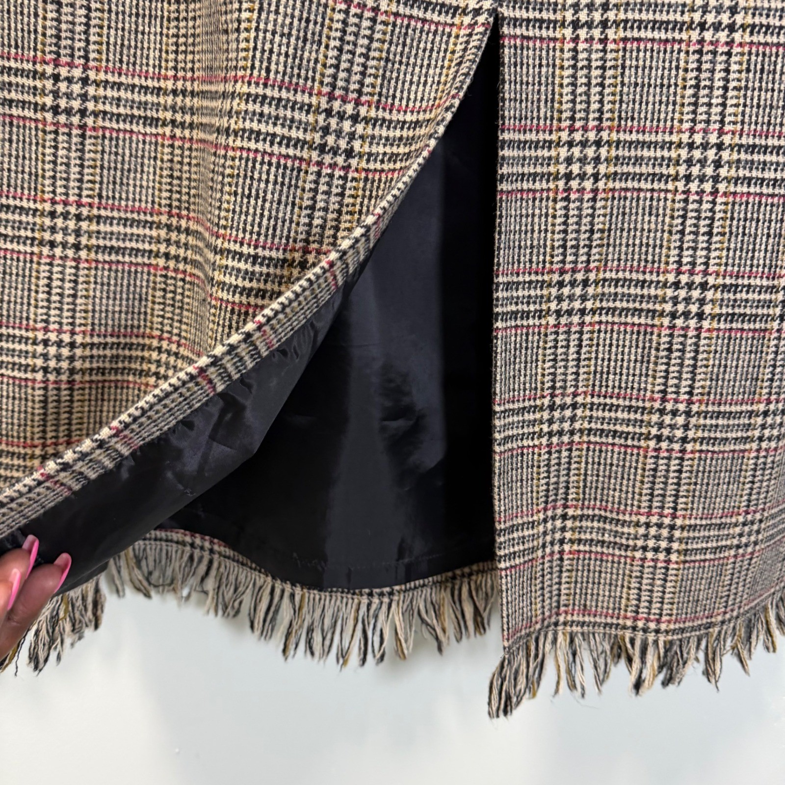 Harve Benard Sport Vintage 100% Wool Plaid Fringe Hem Maxi Skirt Brown Red 14