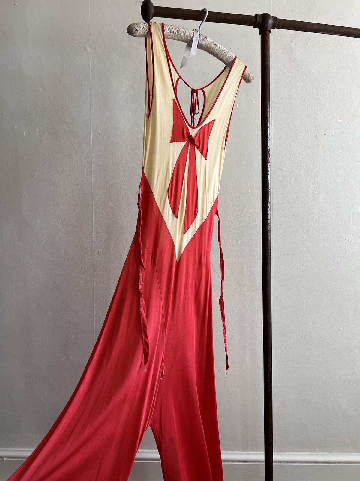Vintage 1930s Red & Cream Trompe L’Oeil Rayon Jersey Beach Pajamas Jumpsuit Deco