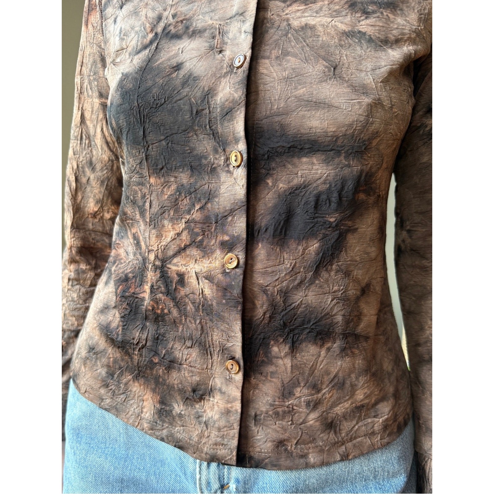 Vintage 90s Tie Dye Button Up Top | Brown Abstract Blouse | Y2K Grunge Fairy | S