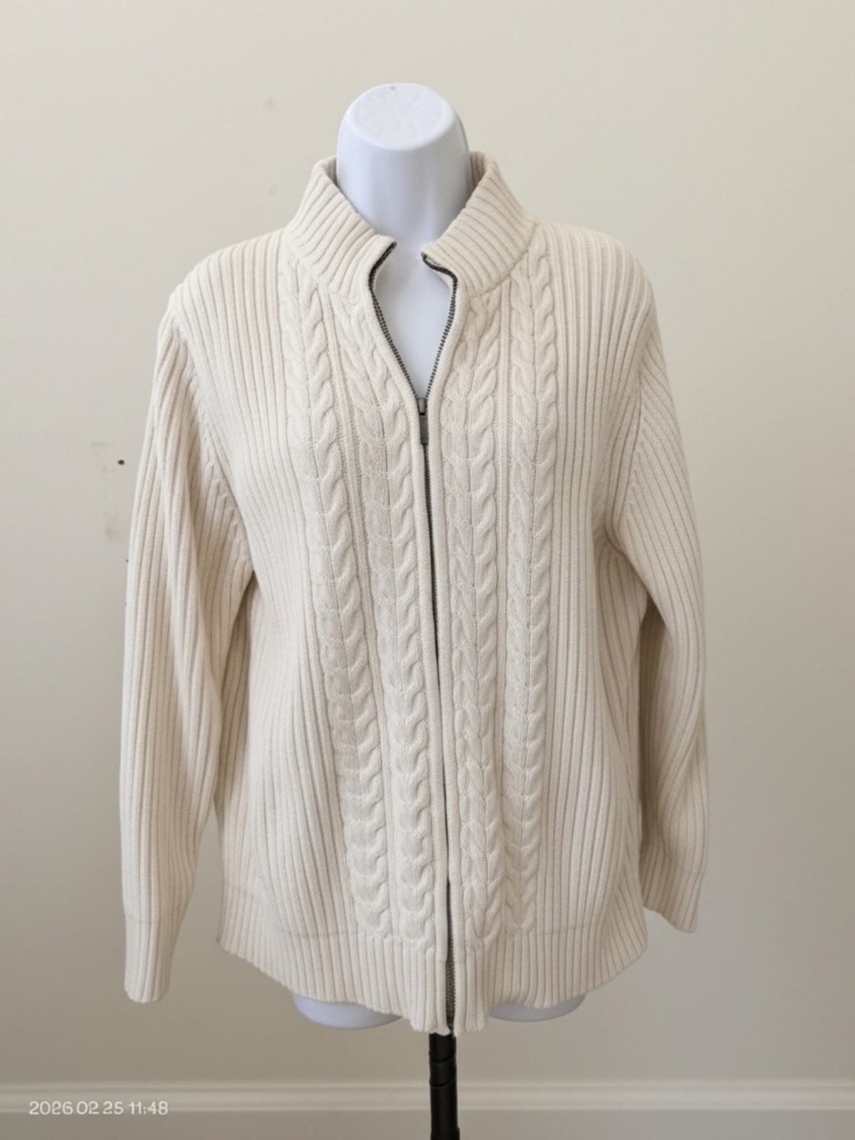 90s Lands End Cable Knit Full Zip Sweater Women’s 100% Cotton Sz 1X Beige