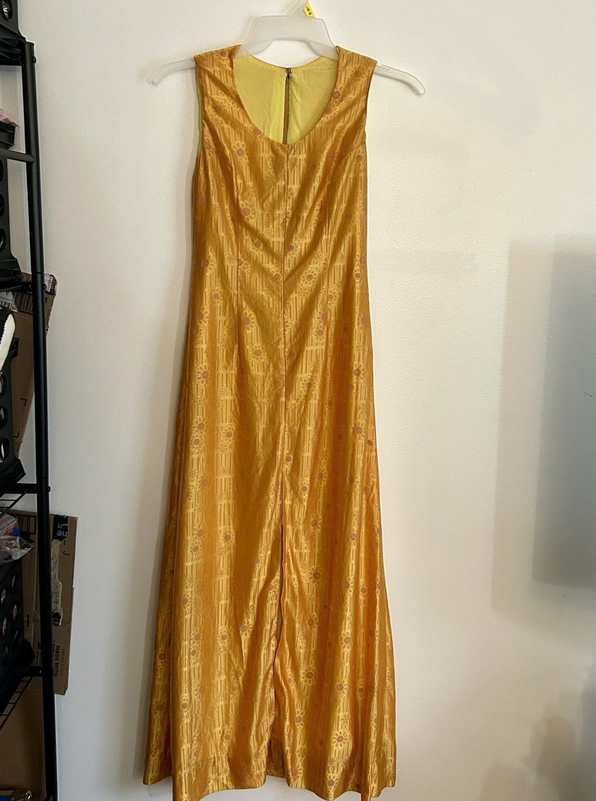 Vintage 60s 70s Mustard Yellow Maxi Dress Floral MCM