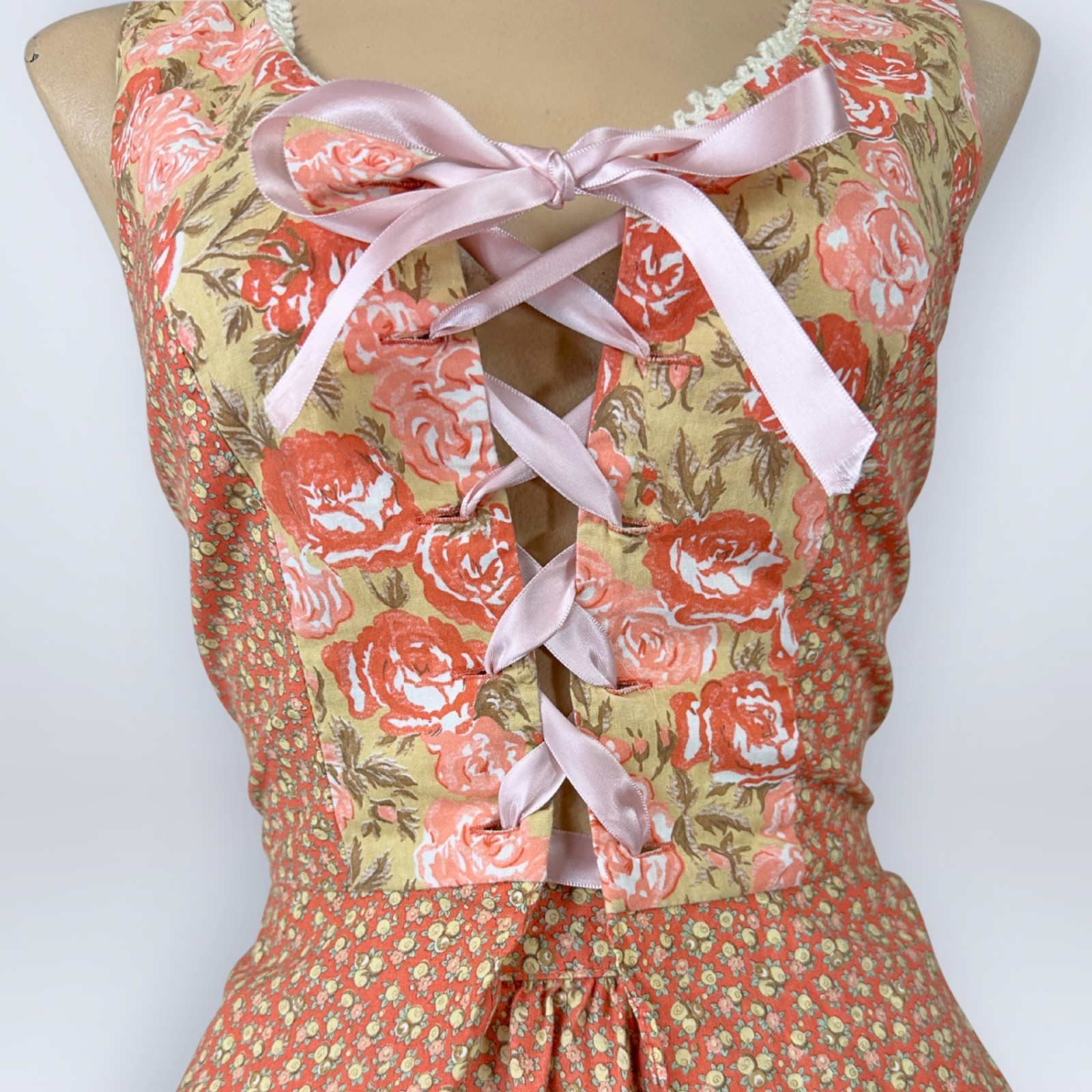 Rare Vintage 1970s Homespun Ltd Two-Piece Corset Top Skirt Set Prairie Calico