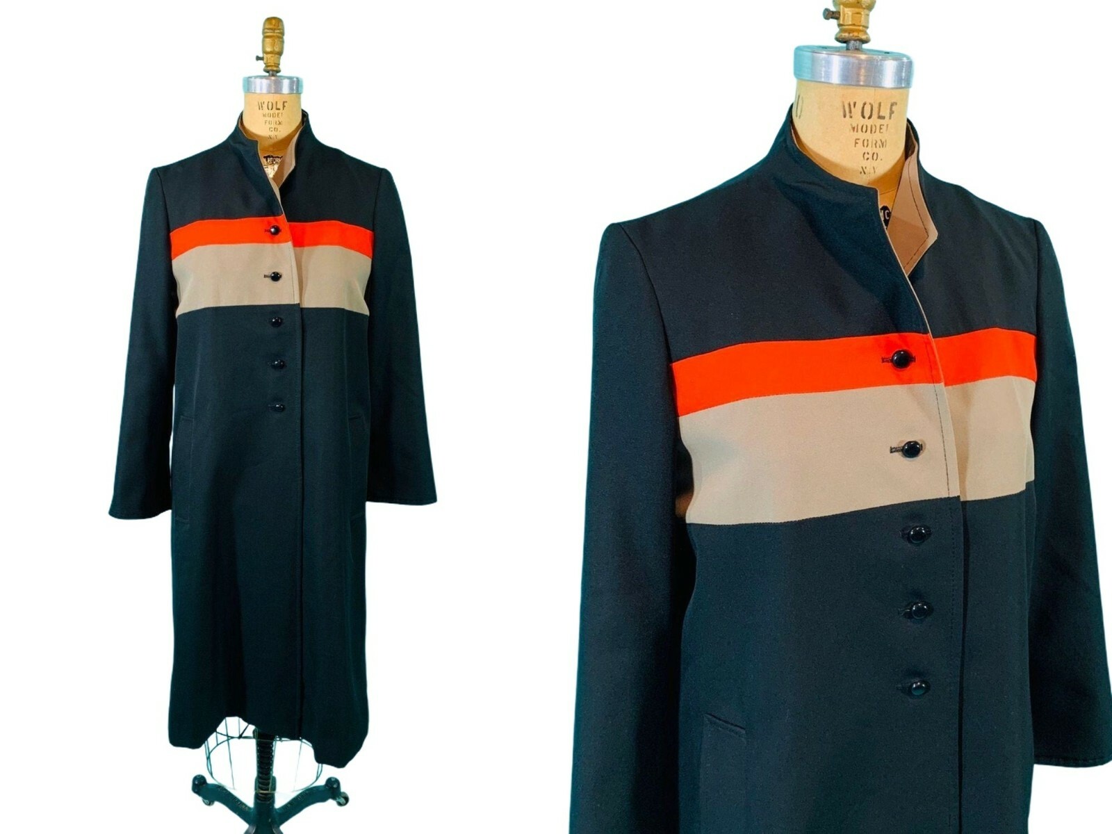 Vintage 1980s Striped Trench Black Red Tan Herman Kay Coat B 40″