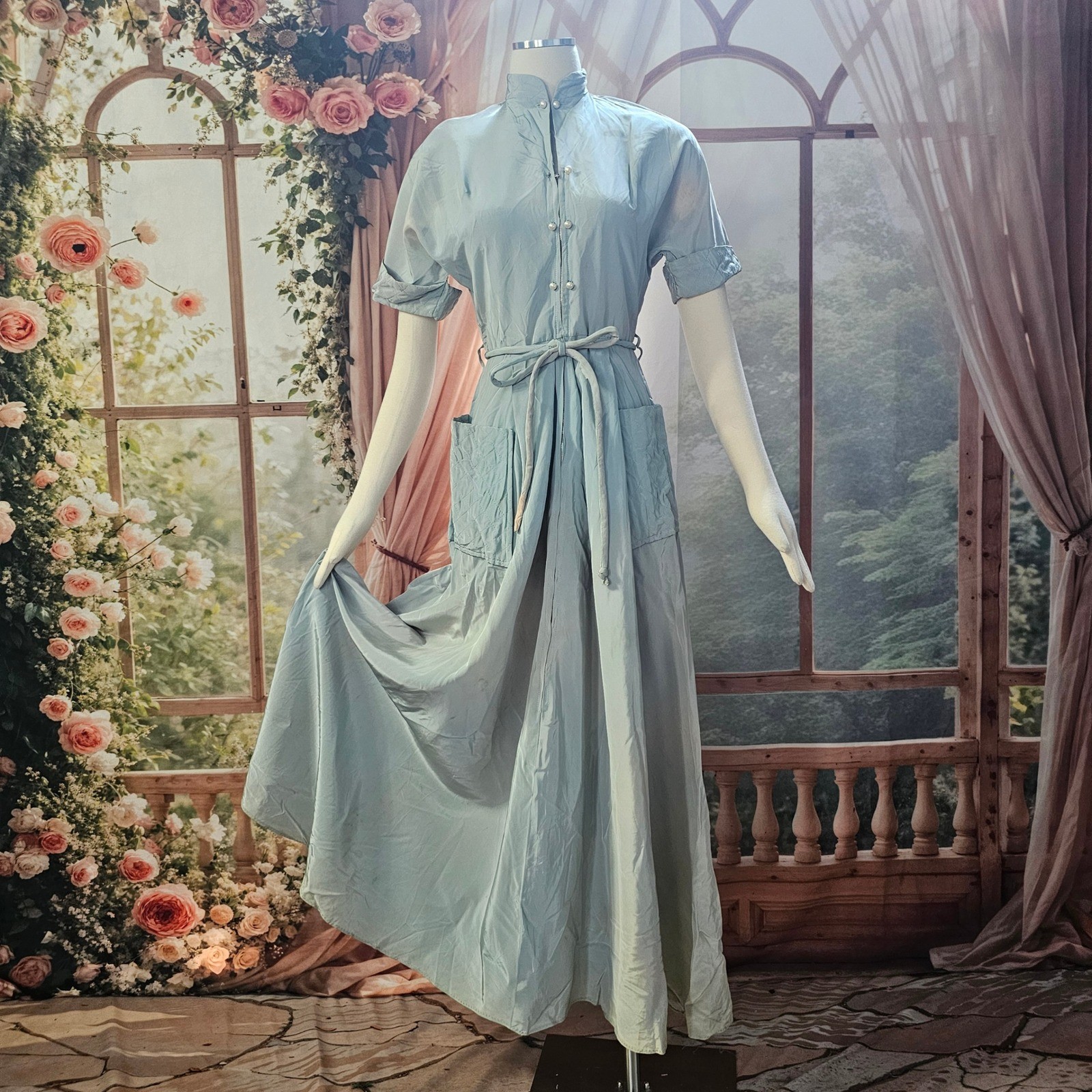 Vintage 1940s Maxan Housecoat Robe Lingerie Light Blue Pearl Maxi Old Hollywood
