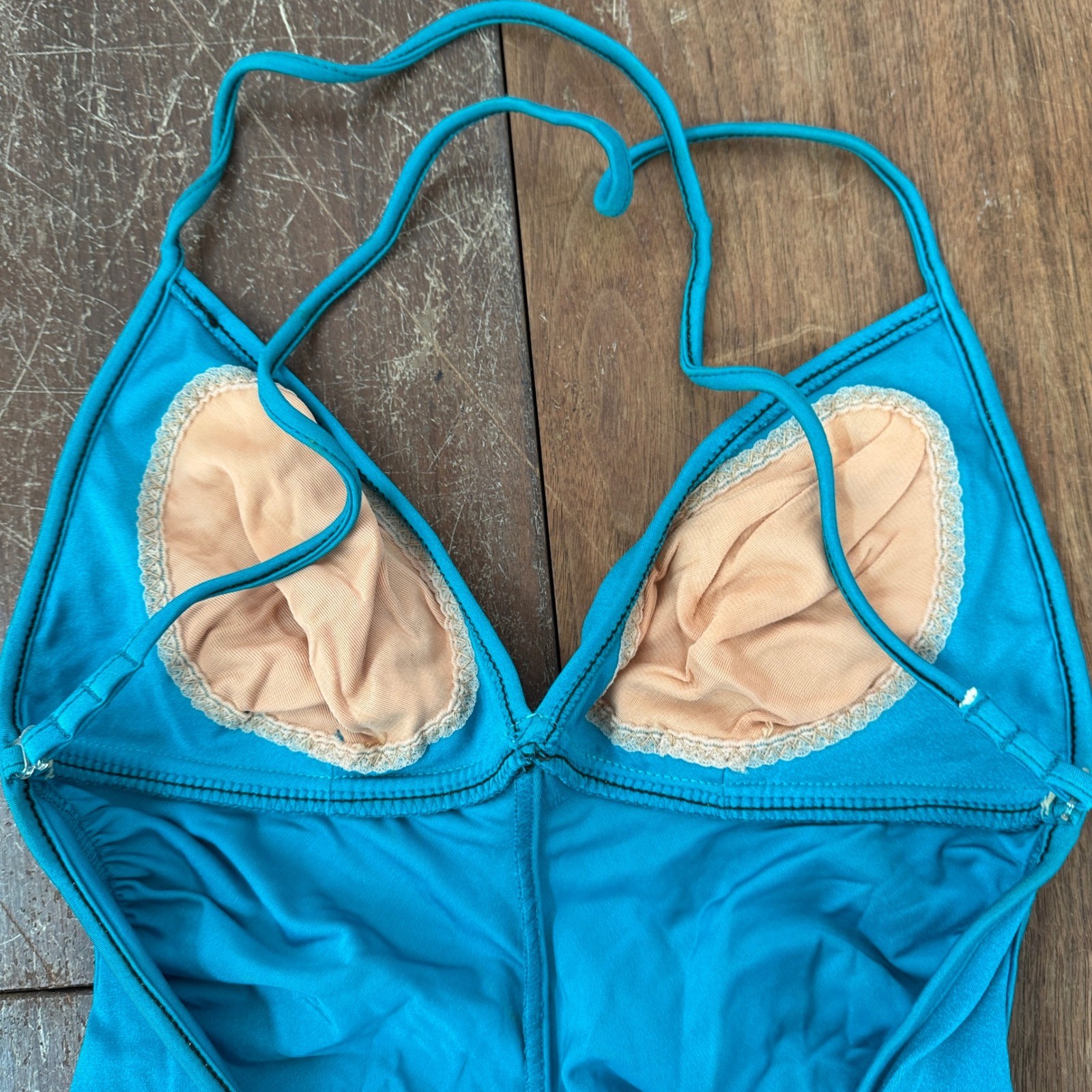 Vintage Catalina California Teal Blue Ruched Halter One Piece Swimsuit Size 12