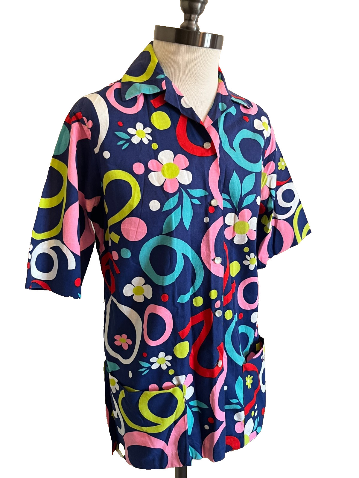 Vintage 70s Jean Marie Original Womens Tunic Blouse Shirt Groovy Flower Power
