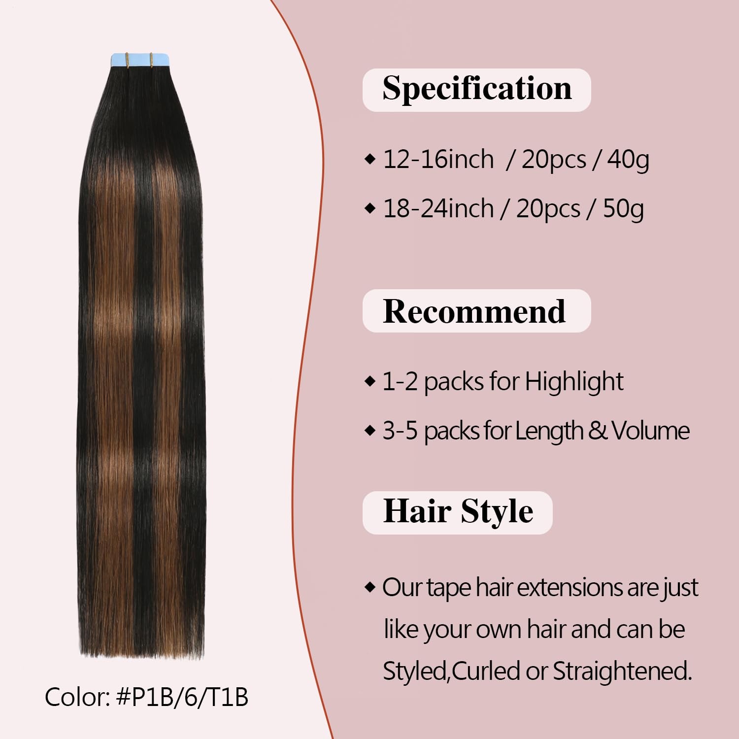 Sunya Tape in Hair Extensions Human Hair Balayage Natural Black to Chestnut Brow