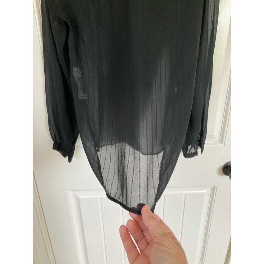 Vtg Gemilli Black Sheer Button Front Tie-Neck Blouse Size 5/6 Long Sleeve Office