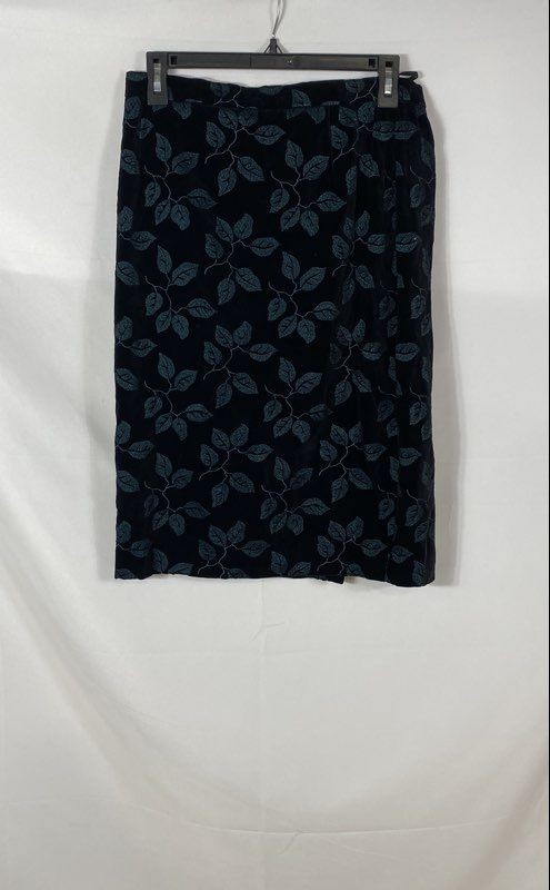 Vintage 90s Escada Couture Women’s Black Teal Leaf Embroidered Velvet Skirt 40
