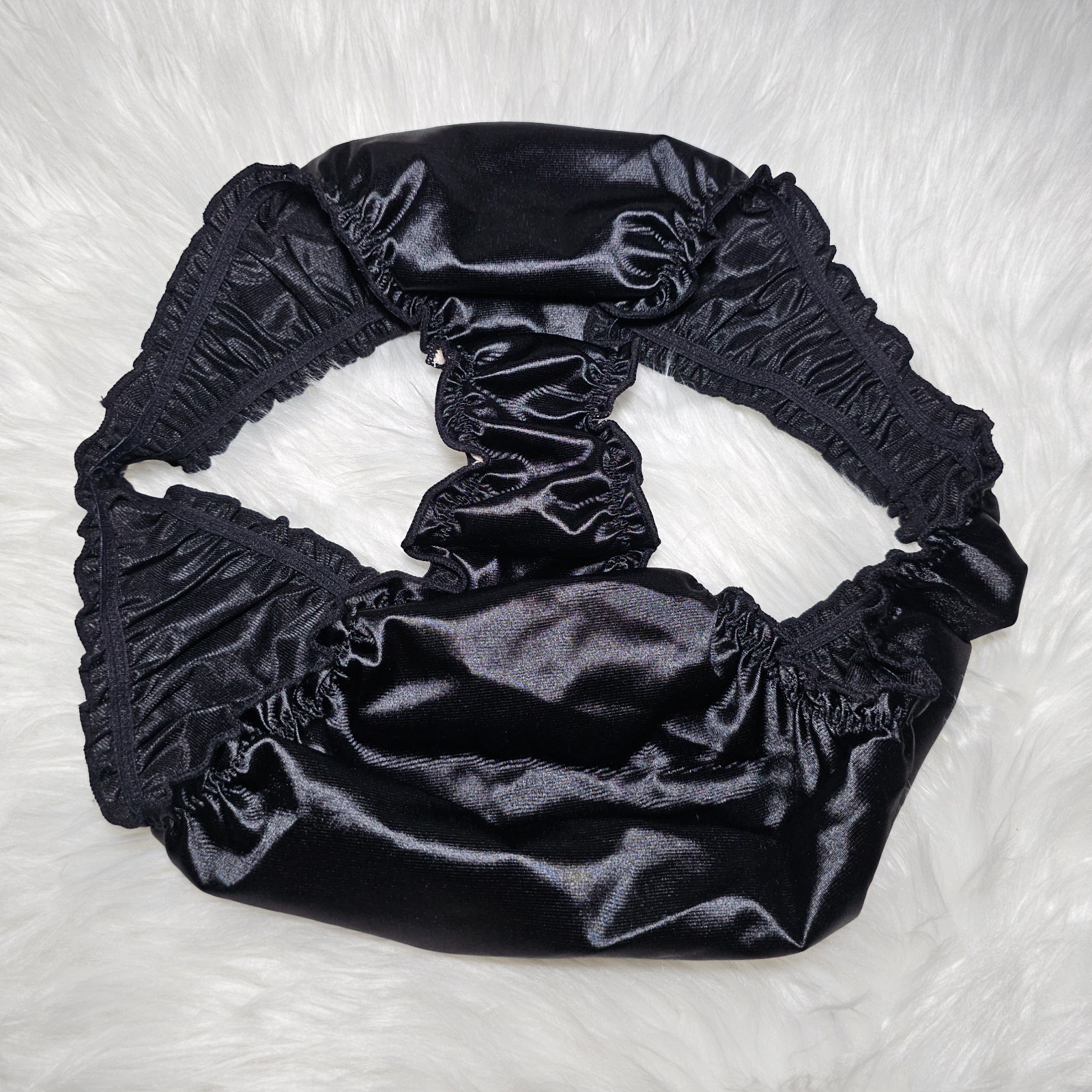 Glossy Nylon Satin Panty Liquid Black Bikini Sissy Ruffle Brief Sz. 8 Hip 40-44″