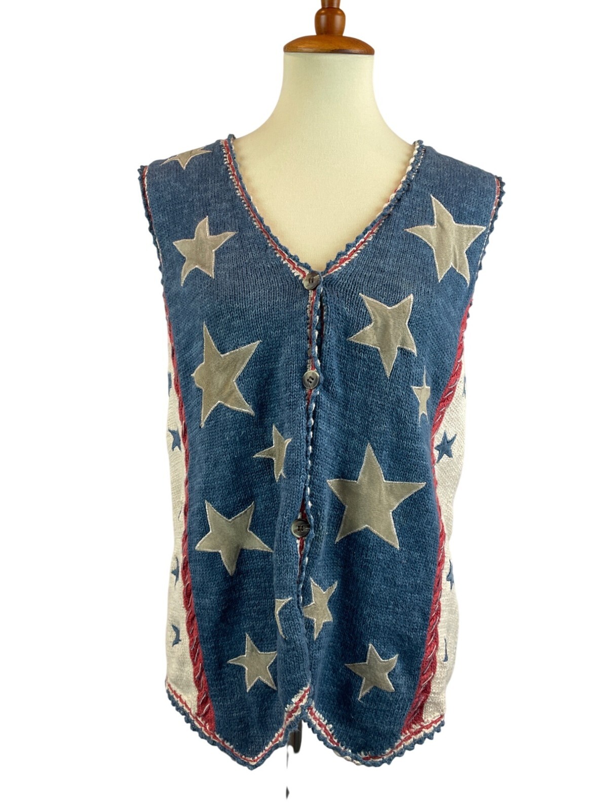 90s Patriotic Knit Sweater Vest Cambridge Country Store Suede Stars Size L Vinta