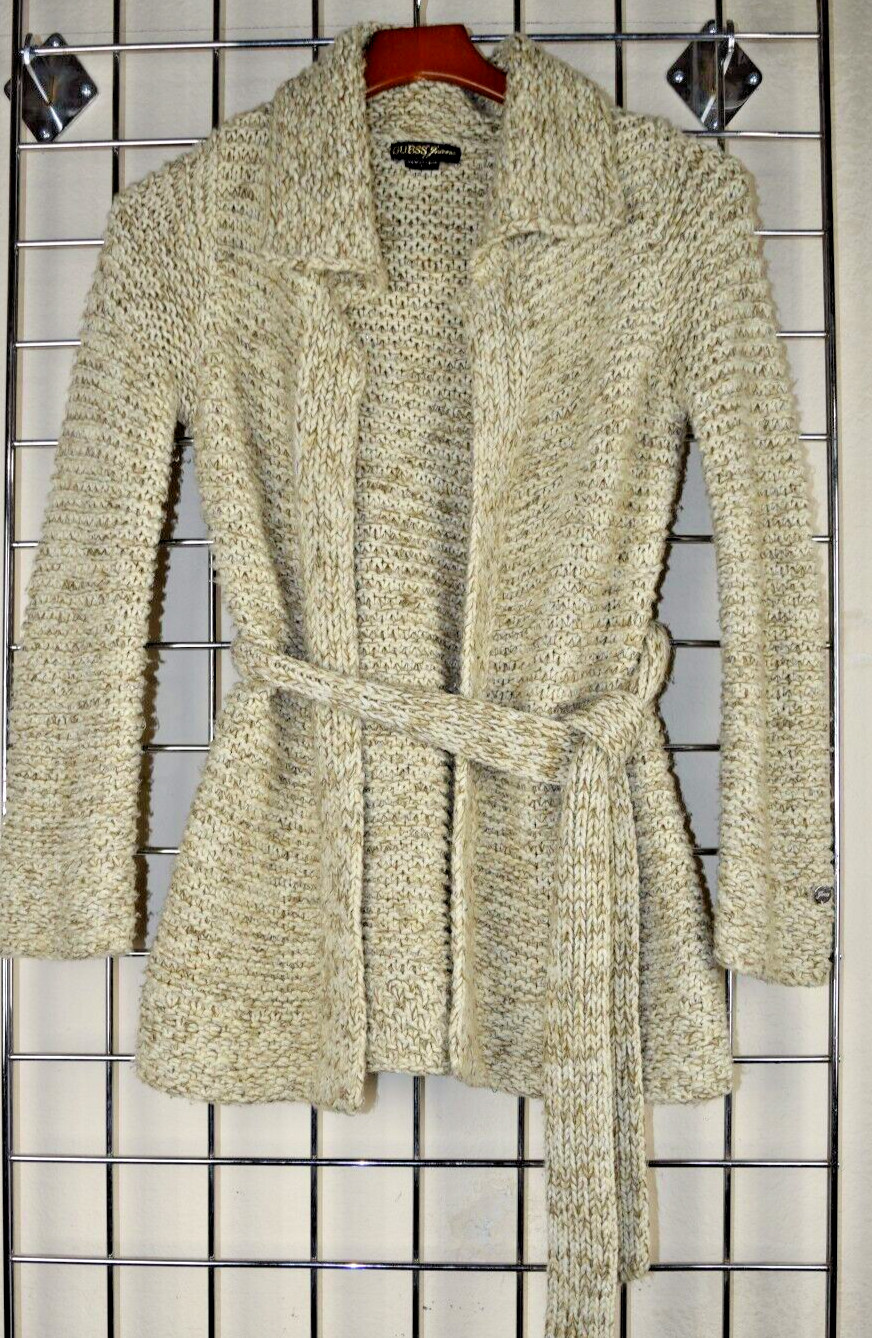 Vintage Guess Jeans Knit Sweater Size S/M 90s Oatmeal Beige Collared Belted Wrap