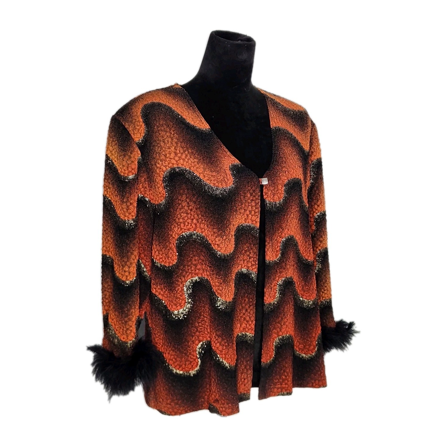 Joseph Ribkoff Vtg Cardigan Jacket Orange Black Wave Print Feather Cuff Retro