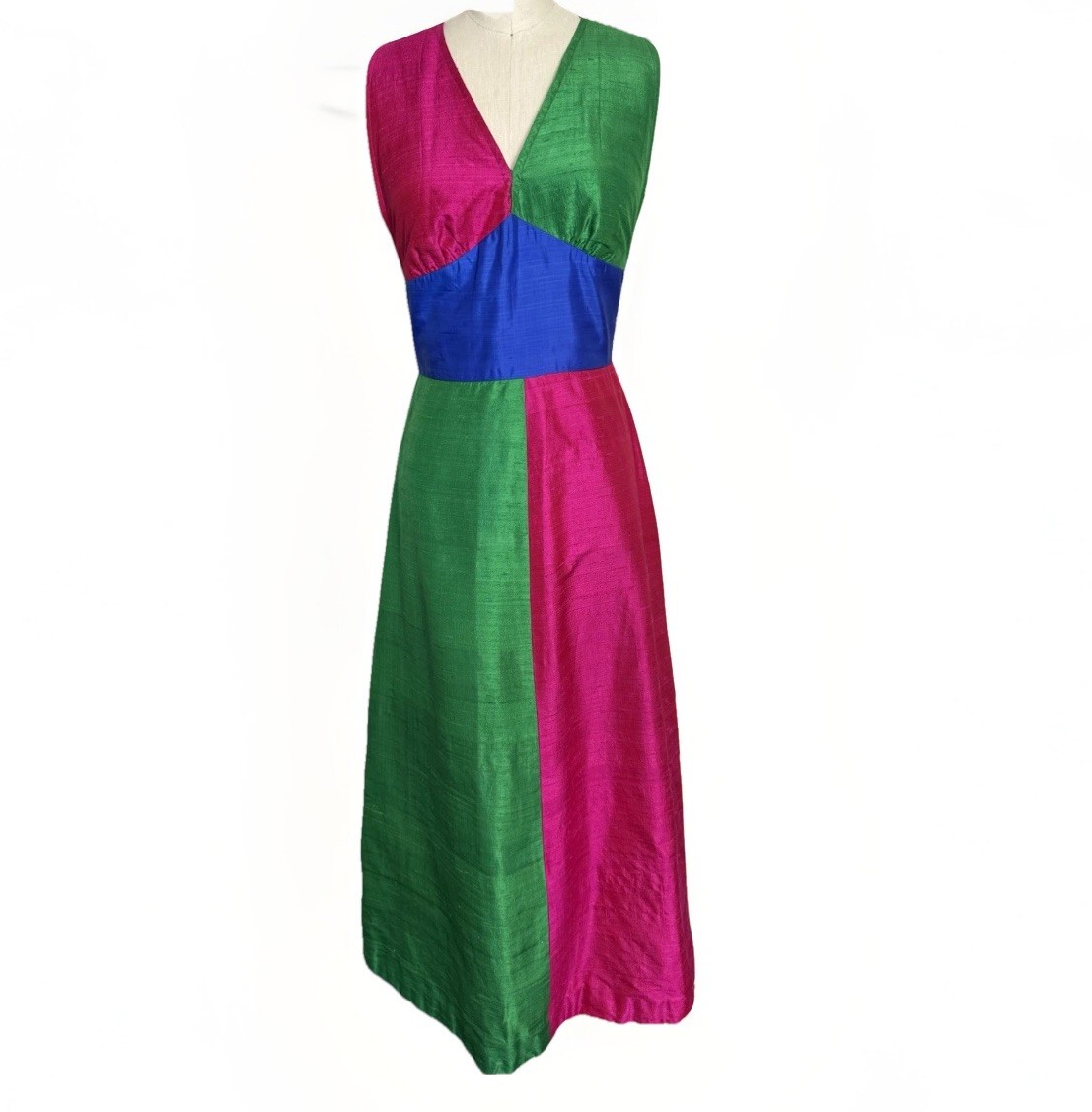 60s 70s VTG Sabina of India for Lord & Taylor Colorblock Silk Maxi Dress, Medium