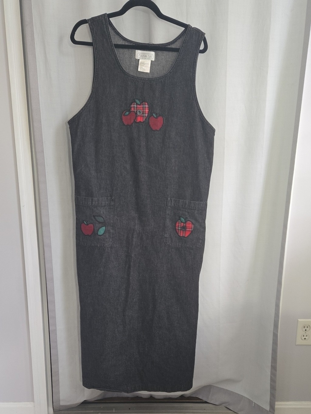 Vintage 90s Mandal Bay Black Denim Jumper Dress XL Apple Plaid Patchwork Maxi