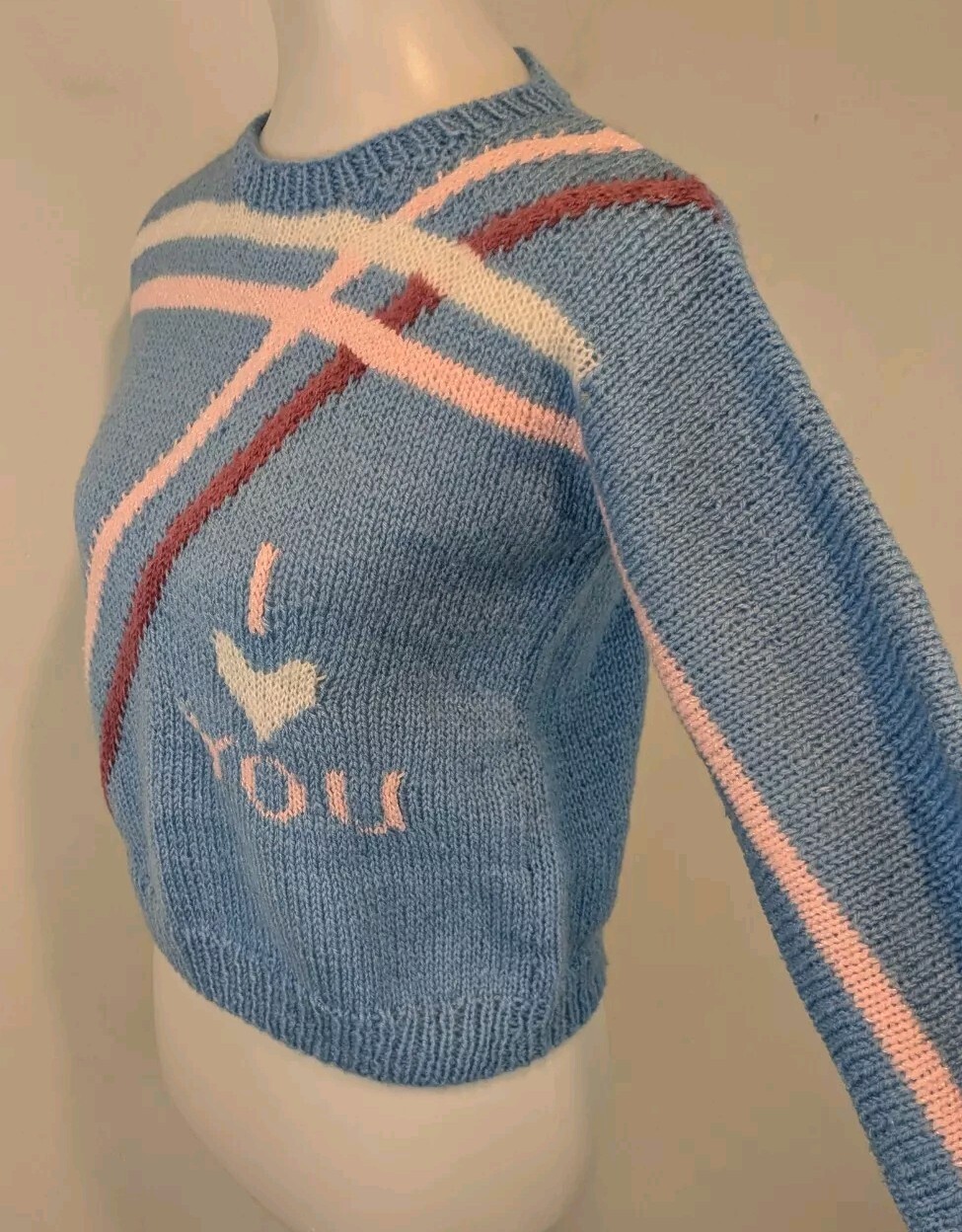 Vtg Handmade Wool Sweater I Love You OOAK Jrs Womens XS S Petite Blue Handknit