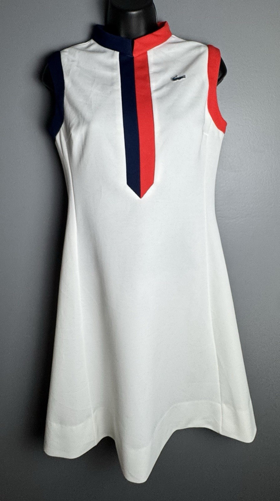 Vintage 1970s Lacoste Tennis Dress Sleeveless Shift Cut Red & Navy Trim Women XS