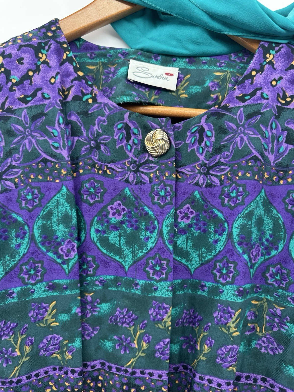 VTG 80’s Serbin of Florida Teal Purple Floral Hostess Artwear Boho Dress HH42