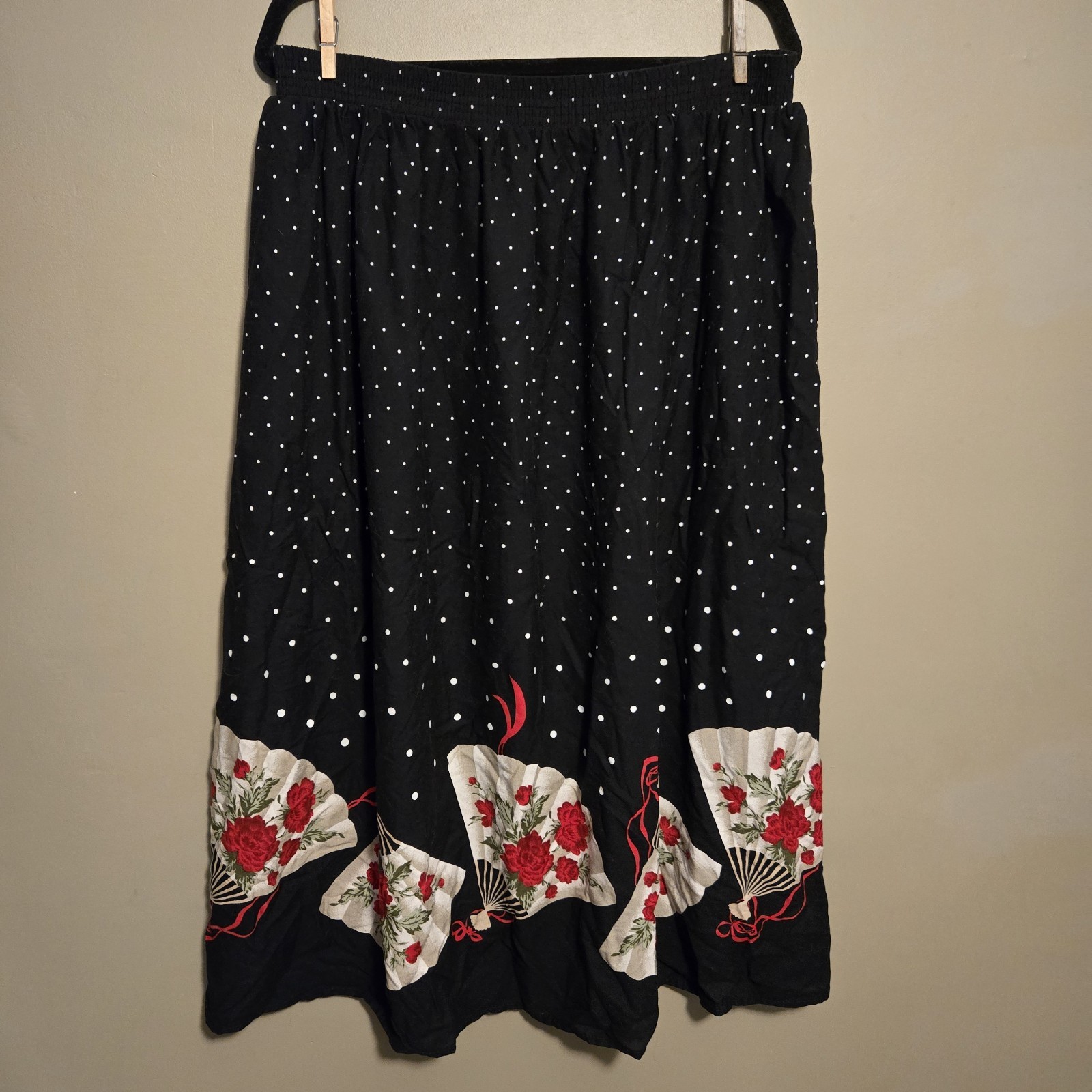 Vintage California Connection Inc. Black Maxi Skirt Floral Fan Elastic 32″ Waist