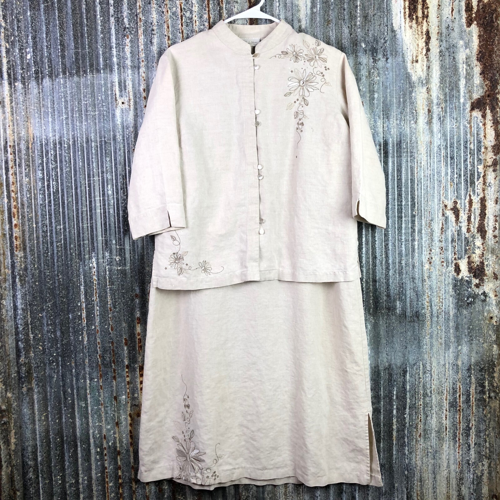 Studio Works Dress + Jacket Oatmeal Linen Womens M/L Embroidered Secretary