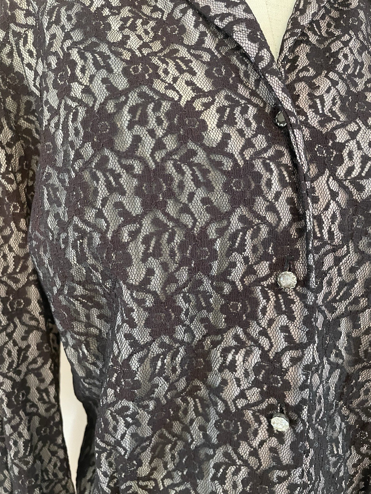 Sheer Black Lace Button-Front Women’s Blouse 1950s- 60s Rhinestone Buttons