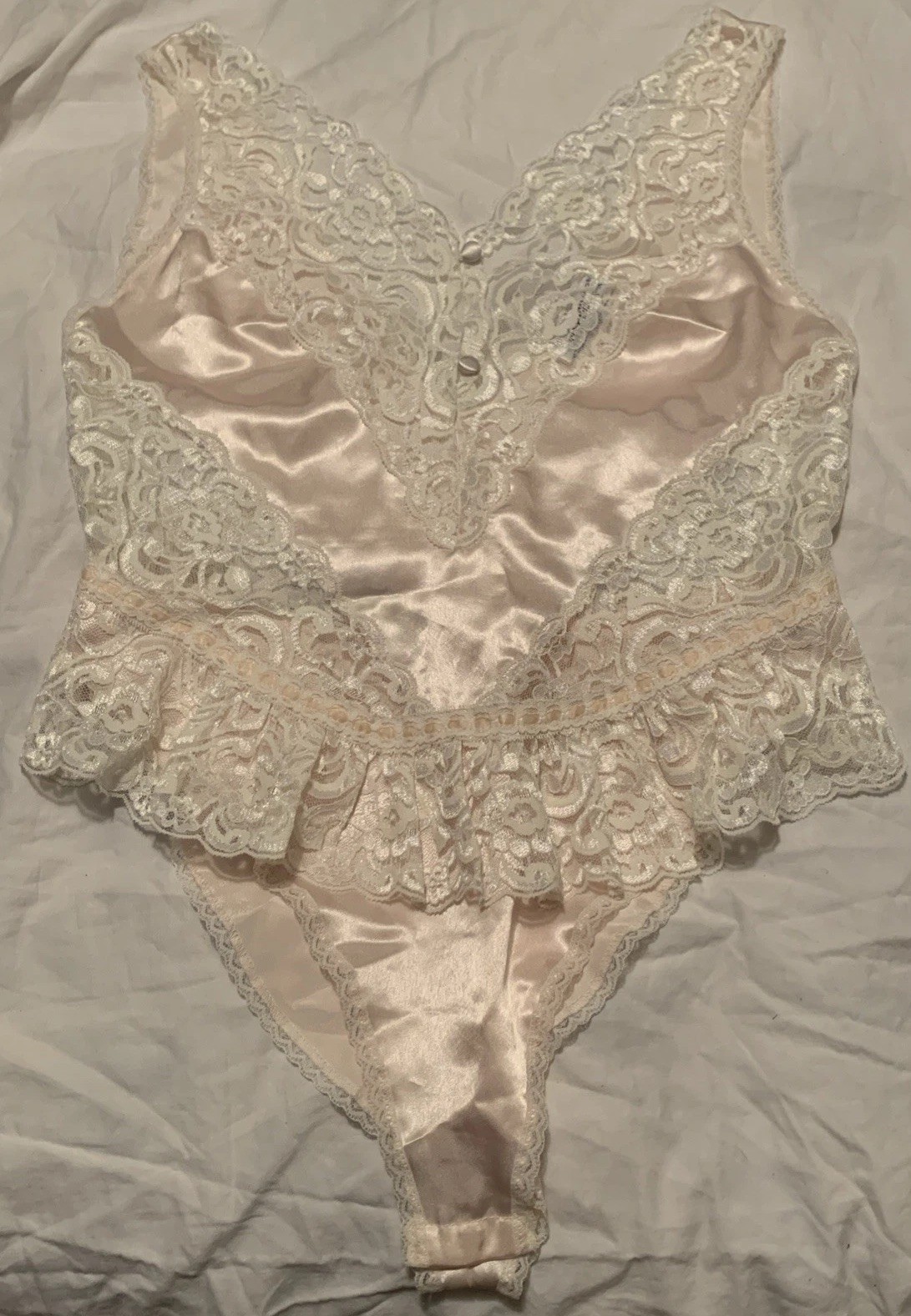 Vintage Dead Stock Lily Of France Teddy Medium Peach Satin Ivory Lace 1980’s