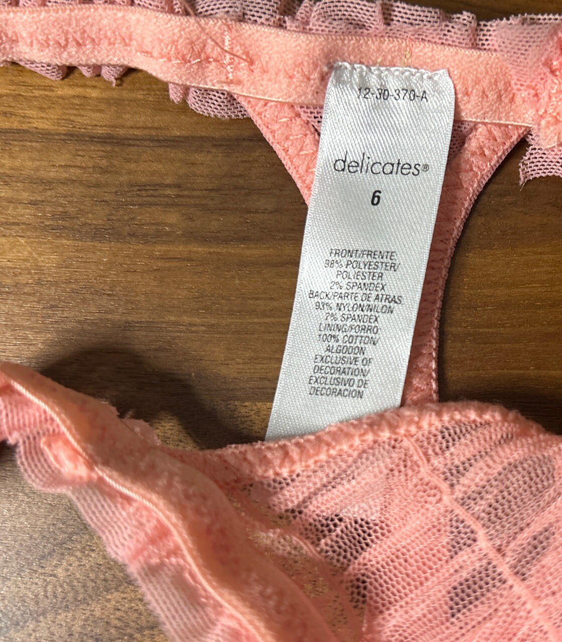 NWT Vtg Delicates Thong Chiffon Lace Frilly String Panties JCPenney Size 6 Pink