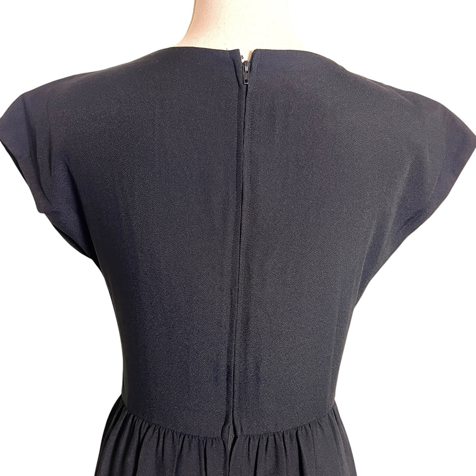 Vtg 90s Halston III Black Cocktail Dress Empire Waist V-Neck Midi Cap Sleeve S