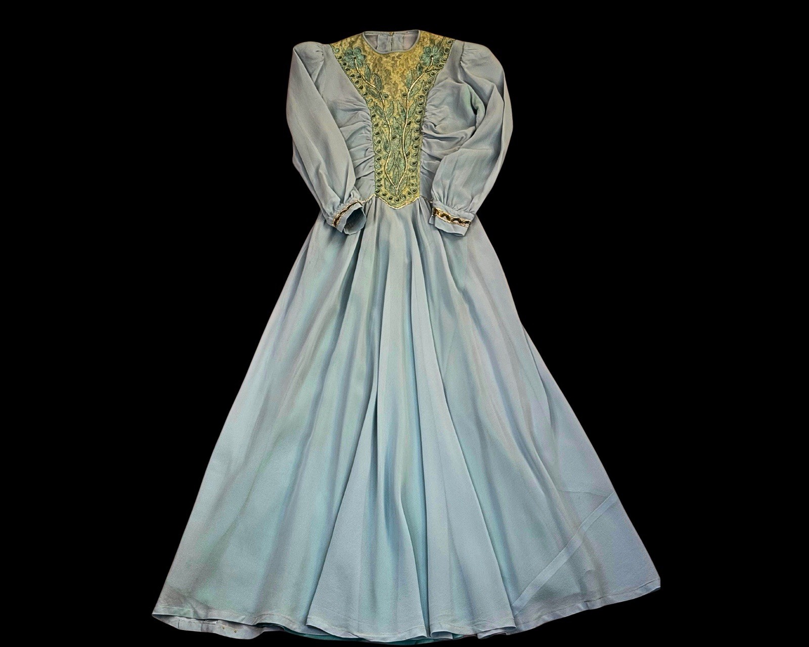 1940s Soft Blue Rayon Crepe and Lace Sequin embellished Strong Shoulder | XXS