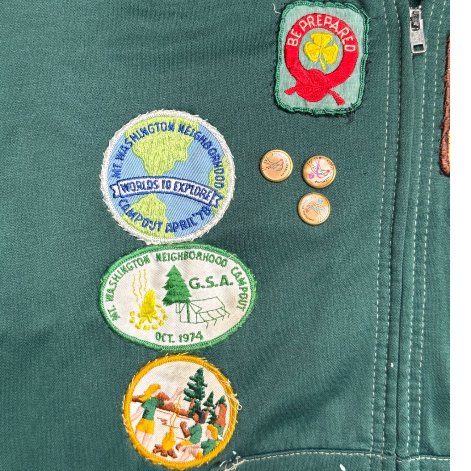 Vintage 1970s Girl Scouts Patch Zip Hoodie Green Rare Collector 50+ Patches