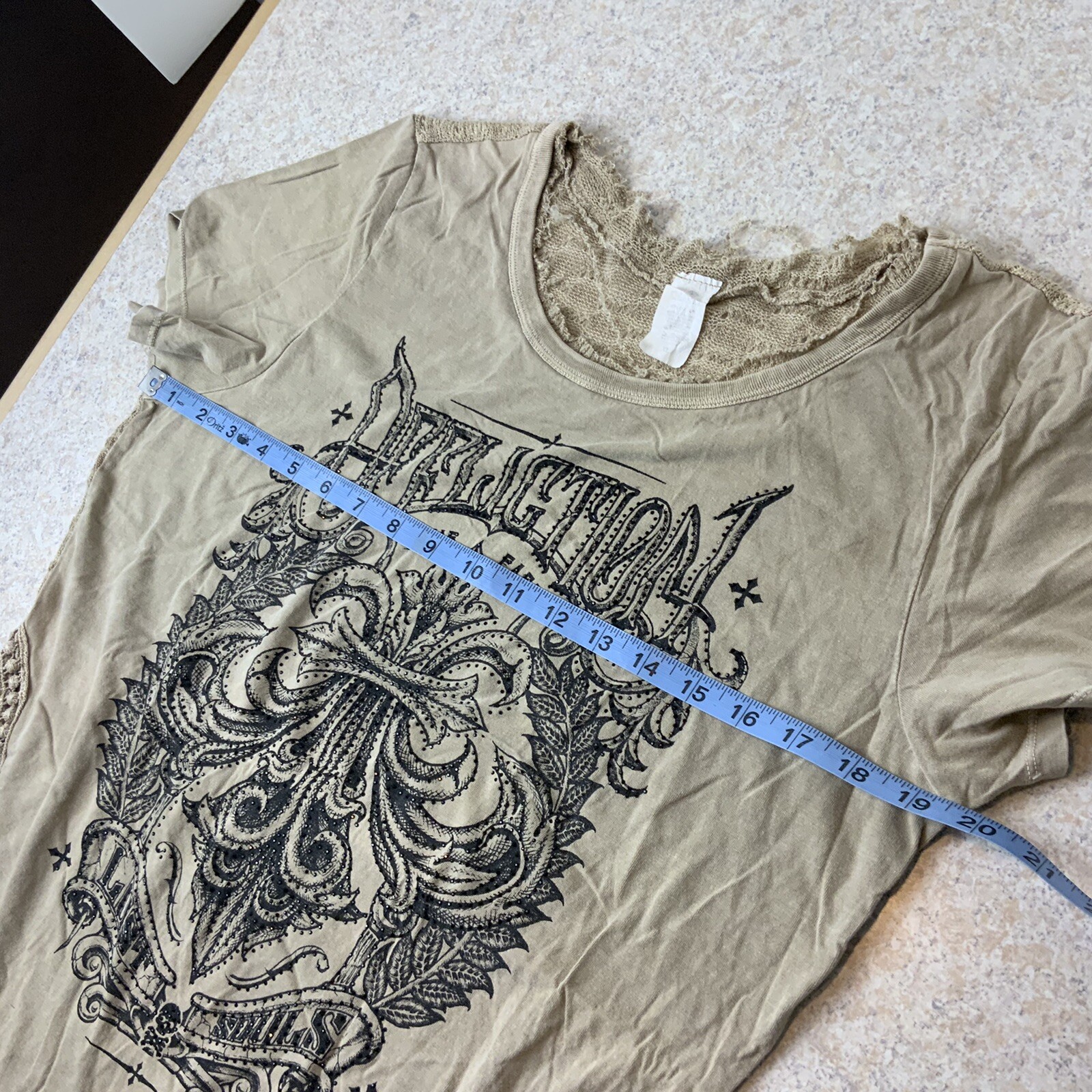 Affliction VTG Brown Black Beads “Lost Souls” Distressed Women’s XL Top Rare!