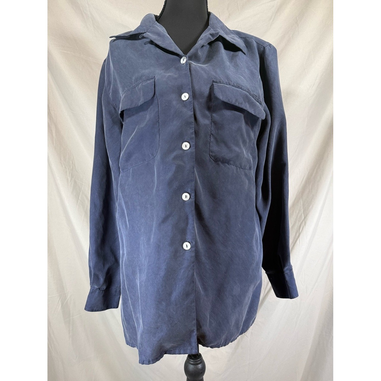Vintage 1980s Dress Barn Pure Silk Button-Up Blouse – Navy Blue- Medium