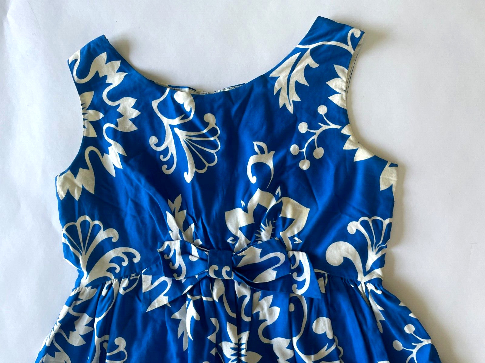 Vintage 1950s Waltah Clarke’s Hawaiian Blue Hibiscus Dress Bow Sm Md S/M