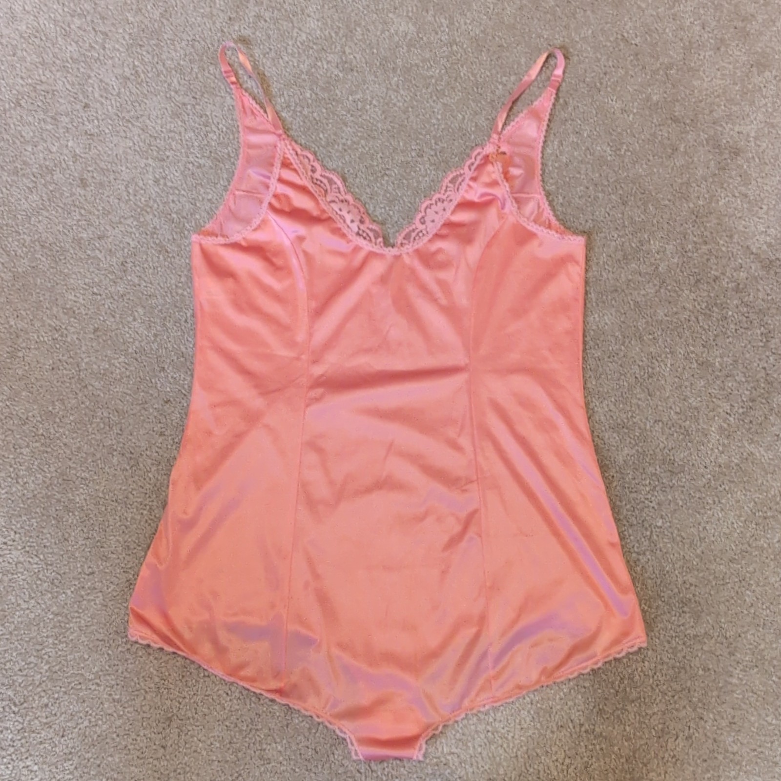 Vintage Vassarette Pink Nylon Lace Trim Teddy Romper Bodysuit Size 36