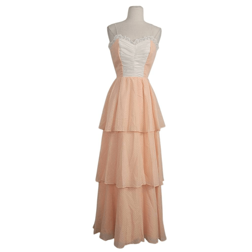 Vintage 1960s 1970s Peach Tiered Maxi Dress Sz XXS 2XS Lace Polka-dot Coquette