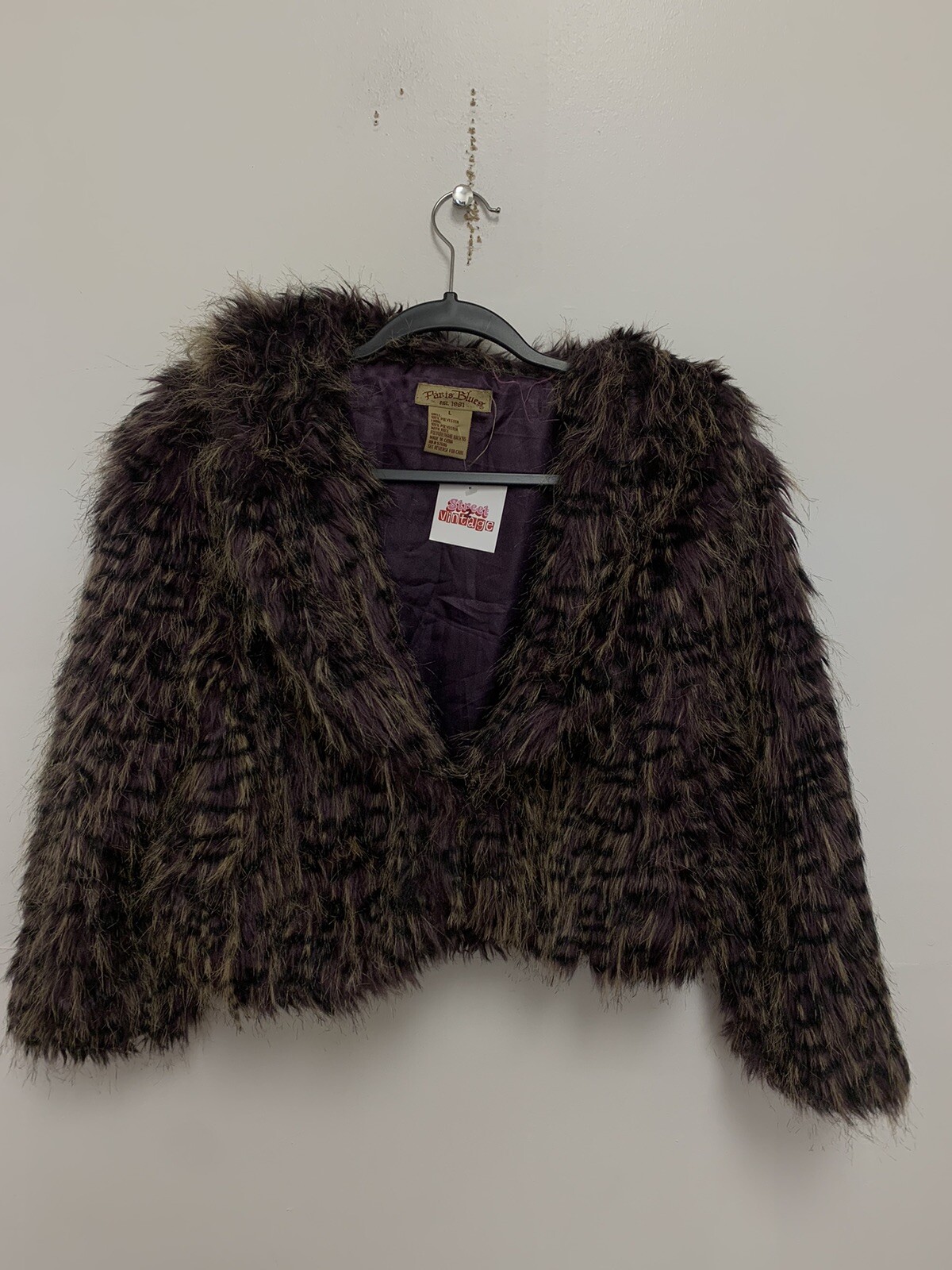 VTG Y2K Paris Blues Faux Fur Jacket Purple Wine Black White USA Large