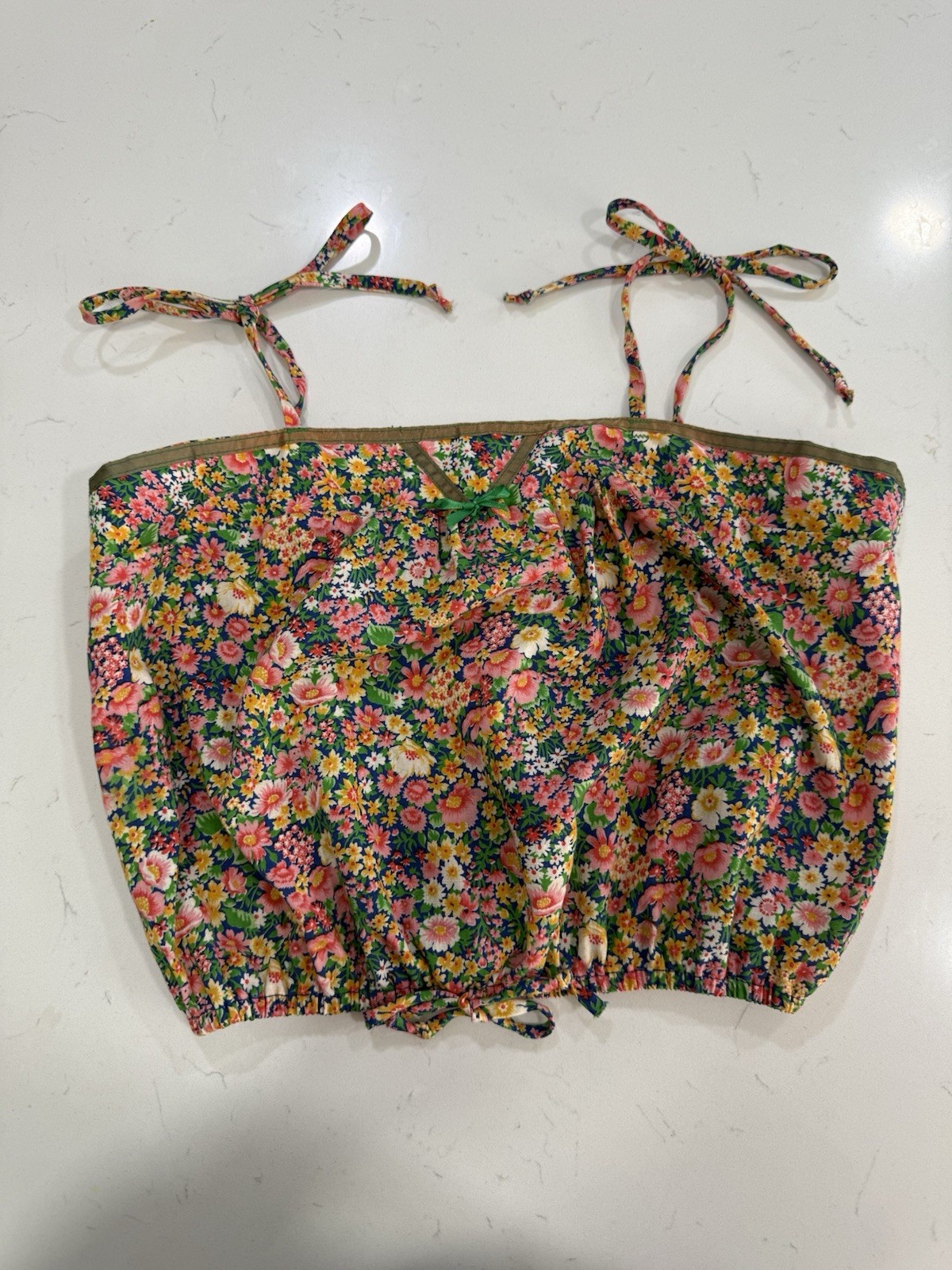 Vintage 1960s/1970s Floral Crop Top Peasant Hippie Festival Size XS Bows Adjust