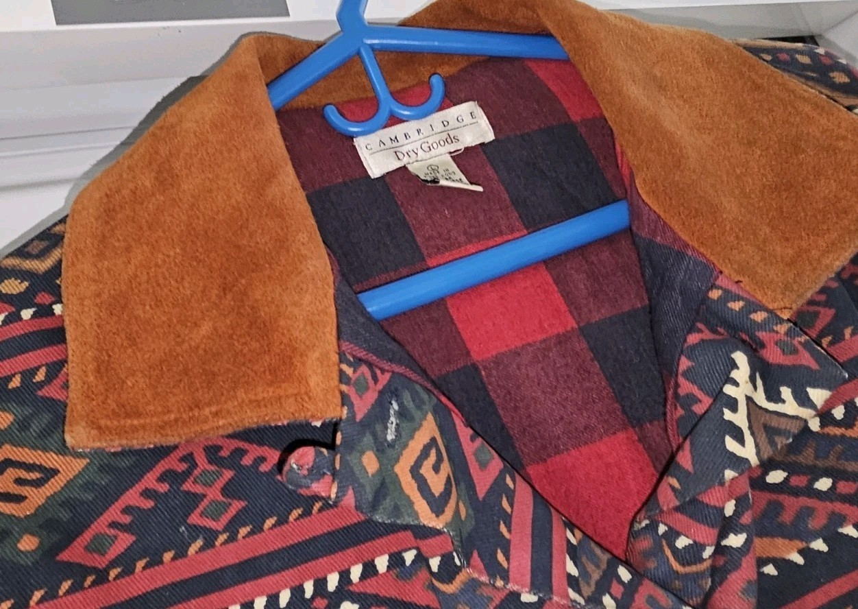 Cambridge Dry Goods Southwest Aztec Jacket Flannel Lined Suede Geometric 1980s