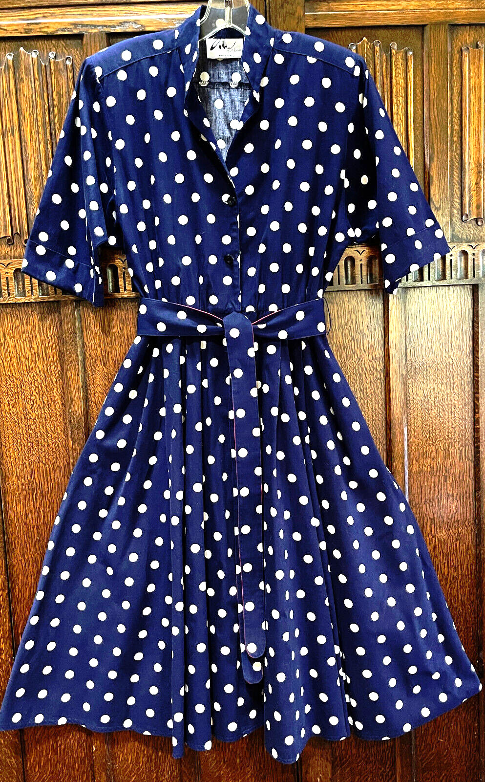 Amazing Vintage Navy Polka Dot Cotton Day Pinup Dress Cuffed Sleeves Full Skirt