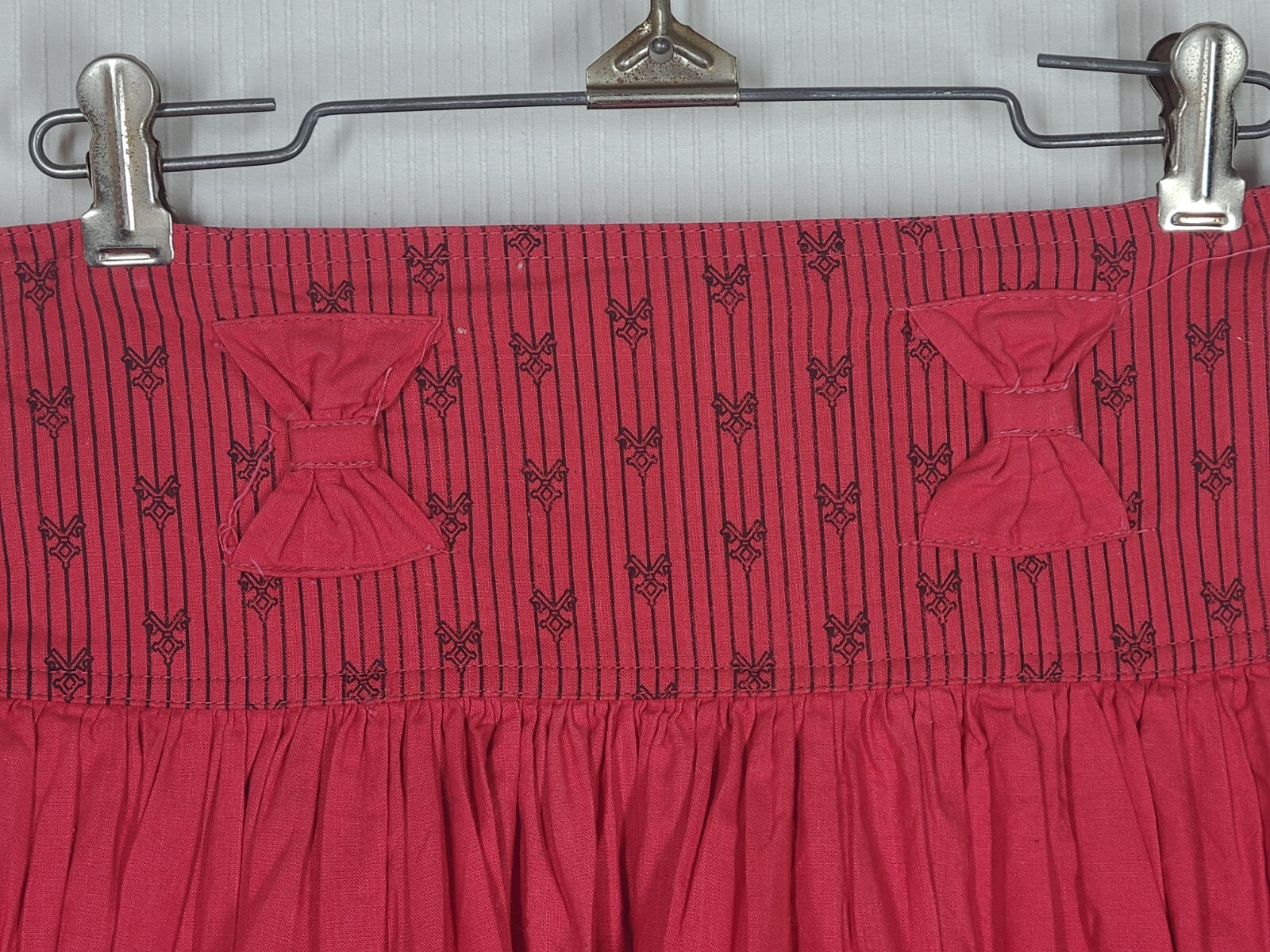 Vtg 80s Red Bow Skirt 100% Cotton Happy Legs Yoke Full Skirt Retro India