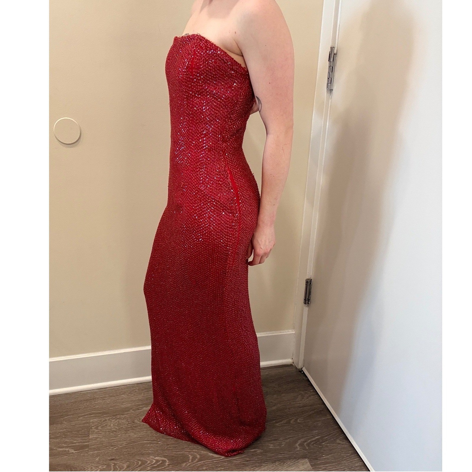 VTG Y2K Scala Red Beaded Silk Strapless Maxi Gown Slit Prom Sz M Jessica Rabbit
