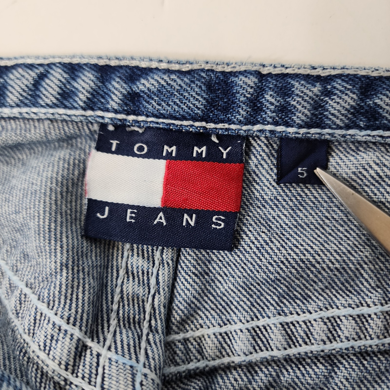 Vintage TOMMY HILFIGER Jeans Womens 5 Blue Patch Pockets Bareback Stripe 90s Y2K