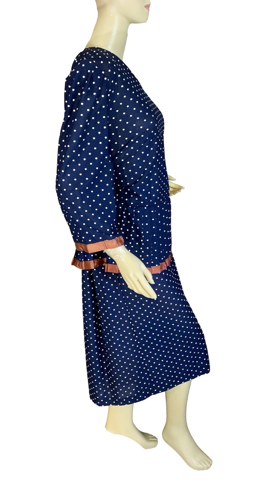 VINTAGE CIRCA 1980’S CARLY CIRCLE BLUE & CREAM POLKADOT PEPLUM DRESS SZ 18