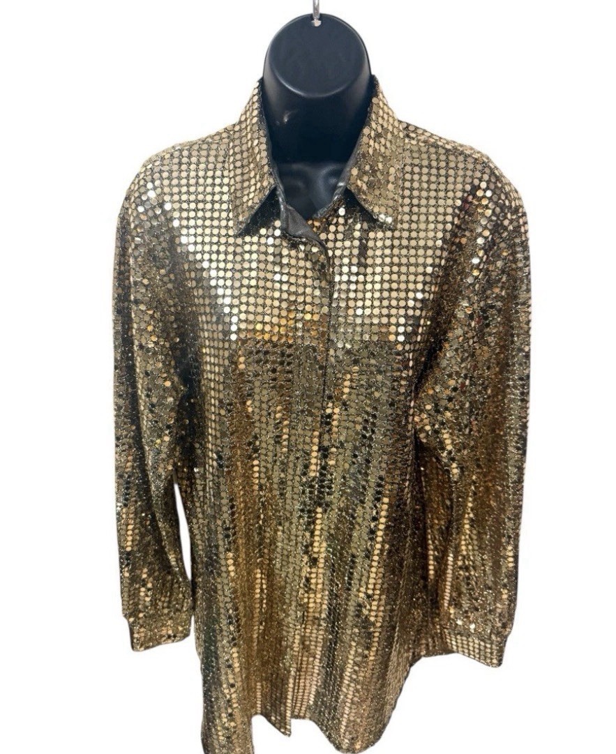 Vintage Three Flaggs I. Magnin Gold Sequin Disco Shirt Blouse 70s 80s Glam Sz M
