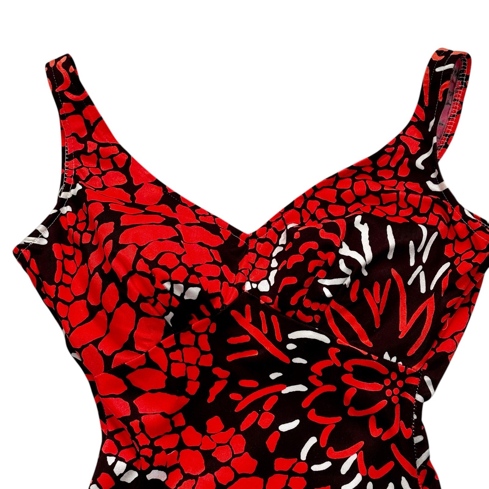 Vintage 1970s Channel West Abstract Floral One Piece Swimsuit Brown Neon Orange